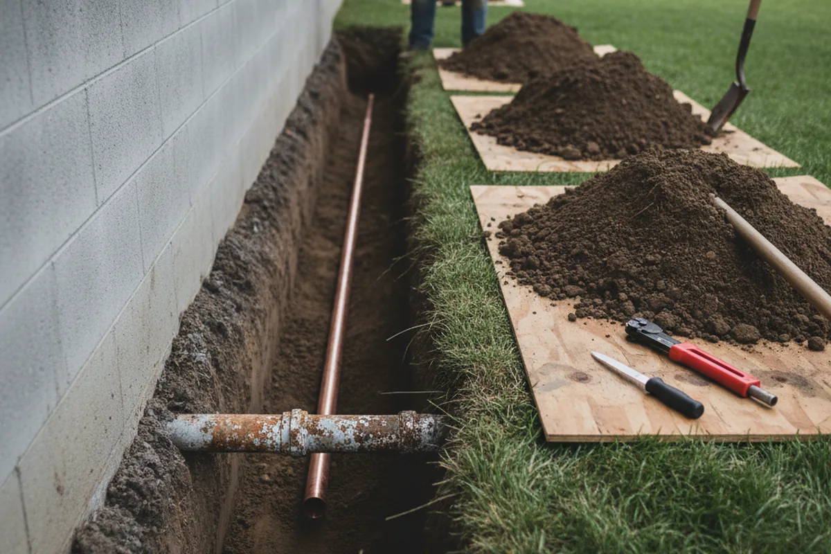 Excavated water line trench during Sewer Line Repair in Griffithsville